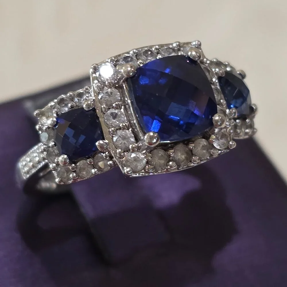 Cushion Cut Blue Three (3) Stone CZ Accent 925 Sterling Silver Ring Size 6.75